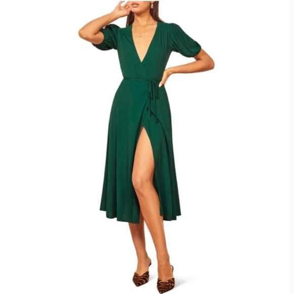 Reformation Emerald Green Dress Reformation Green Floral Silk Dress  Reformation Green Frankie Silk